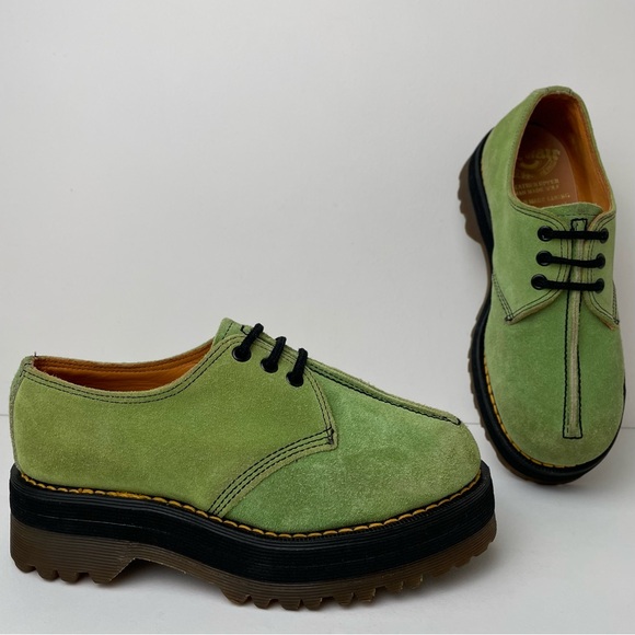 Vintage Dr. Martens England Crazy Bomb Green Suede Platform Chunky Oxfords UK 4 - Picture 1 of 16
